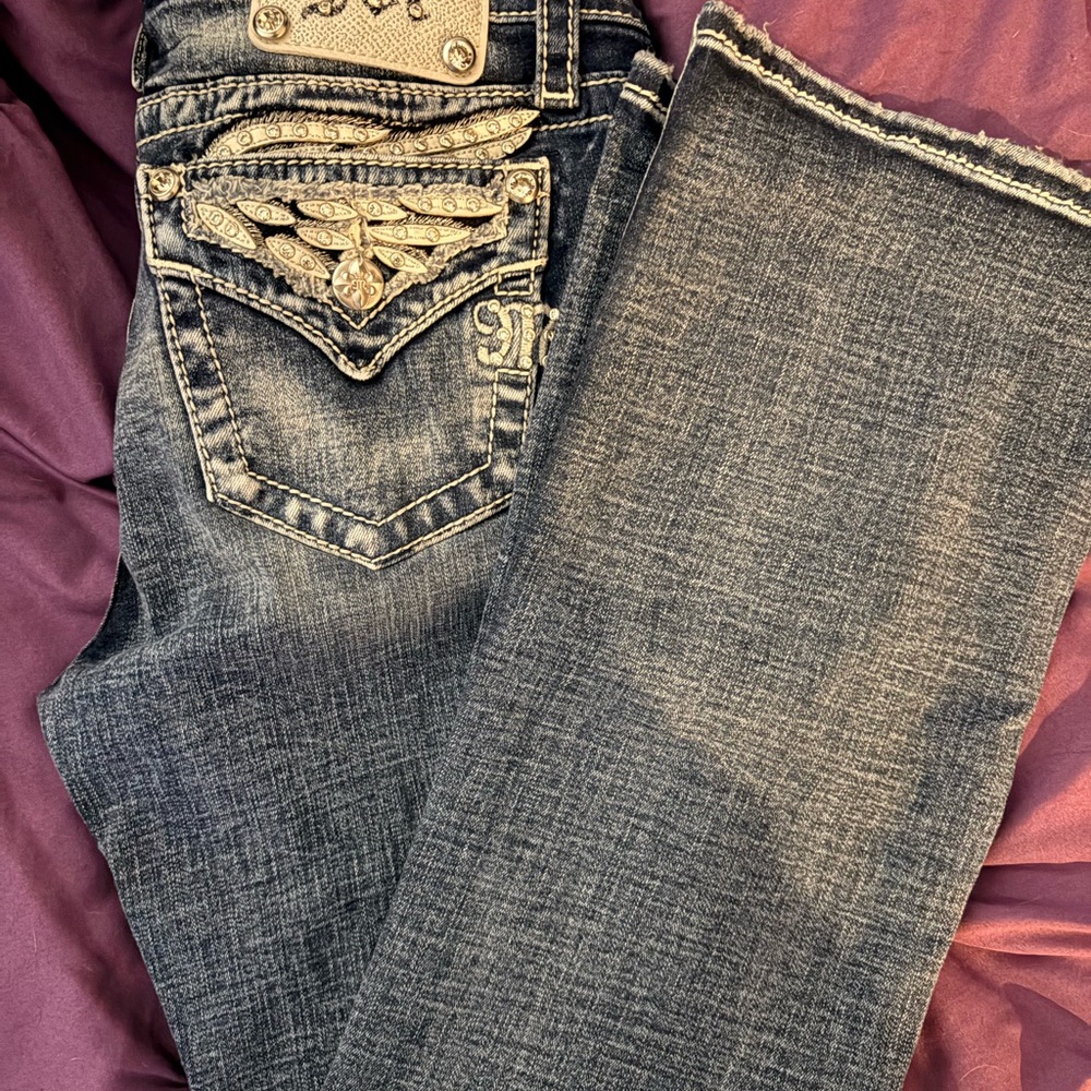 Miss Me Dark Blue Denim Flare Jeans with Embellished Back Pockets